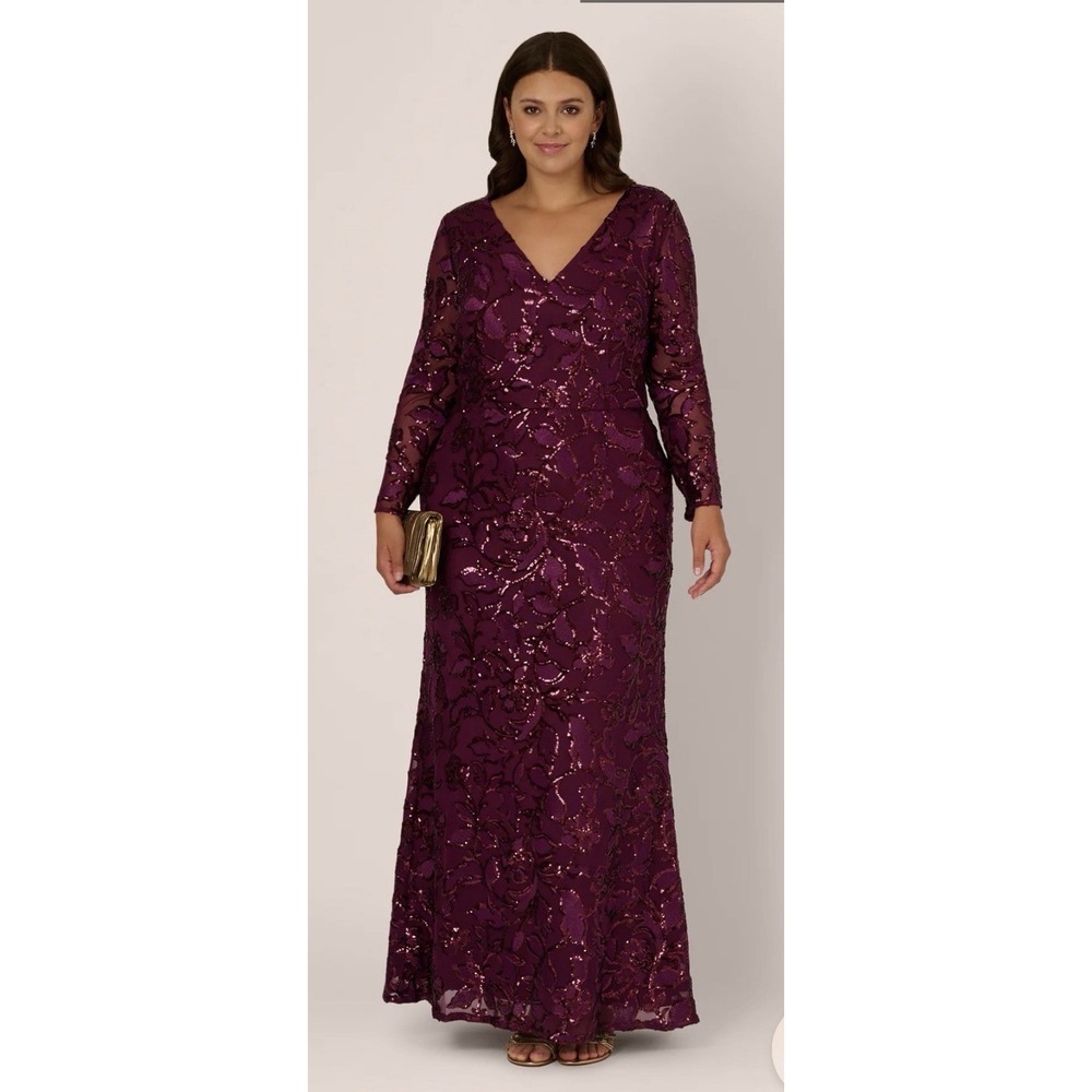 Adrianna Papell Plus Size Long Sleeve Stretch Sequin Mermaid Gown In Cassis - Picture 14 of 14